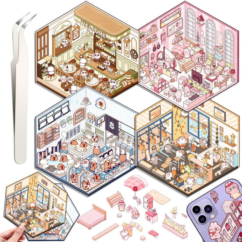Draupnir DIY 3D House Stickers, 4 Set Fun DIY Stickers Scene Make Your Own Warm Home, Supermarket, Coffee Shop, Music Bar, Cute 3D Cartoon Scene Stickers for Adult Kids Relief Stress Pass The Time (XMPLUS) - Image 1