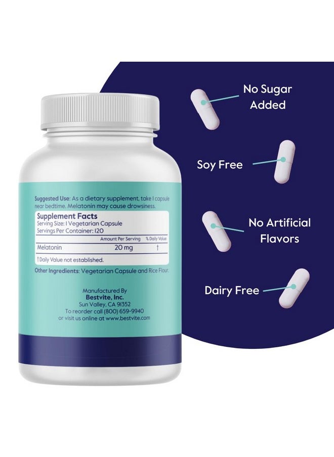 BESTVITE - BESTVITE Melatonin 20mg (240 Vegetarian Capsules) (120 x 2) - No Stearates - Vegan - Non GMO - Gluten Free - Image 1