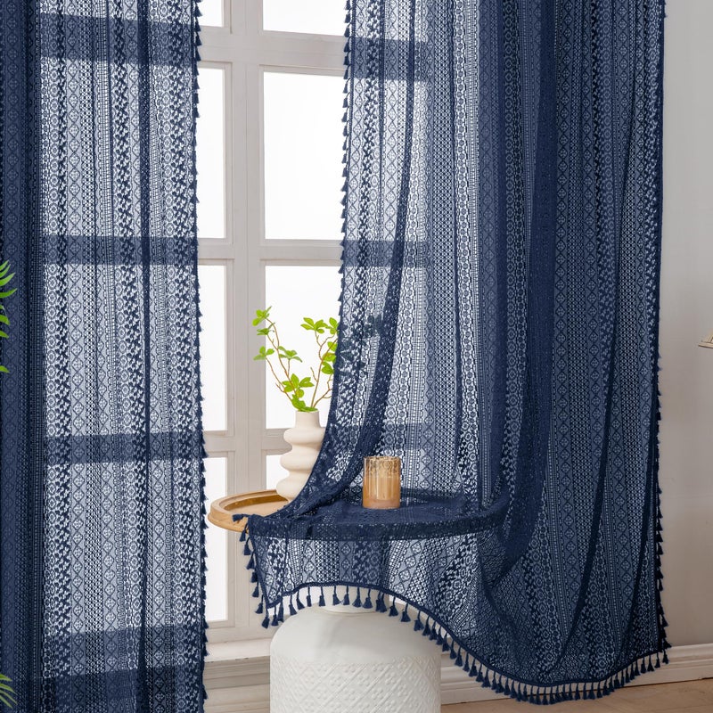 WAZZIO Navy Blue Sheer Curtains 84 Inches Long 2 Panel - Light Filtering Privacy Home Decor Window Curtains Panel,Rod Pocket Cotton Blend Tassel Trim Crochet Lace Drapes for Living Room,Bedroom - Image 4