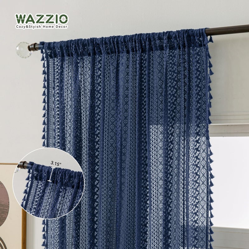 WAZZIO Navy Blue Sheer Curtains 84 Inches Long 2 Panel - Light Filtering Privacy Home Decor Window Curtains Panel,Rod Pocket Cotton Blend Tassel Trim Crochet Lace Drapes for Living Room,Bedroom - Image 5