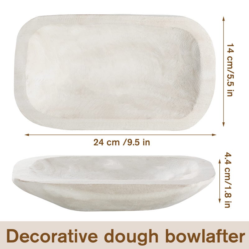 Xaatren Large Wooden Dough Bowl Decorative Wooden Bowl Rustic Long Dough Bowls Decor for Farmhouse Home Dining Table Centerpiece Living Room Kitchen Decorations(10 x 6 Inch,White) - Image 2