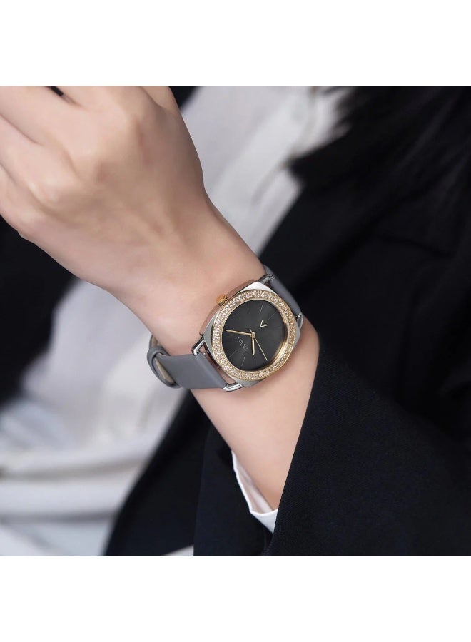 Trnda Women's Watch With Silver Stainless Steel Case And Gray Leather Band - Image 2