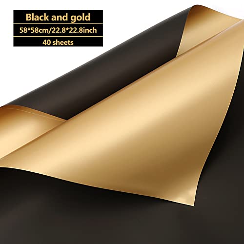 YEXEXINM 40pcs Double Sided Gold Black Flower Wrapping Paper, 22.8X22.8 Inch Waterproof Floral Wrapping Paper Sheets Florist Bouquet Supplies Packaging Paper for Wedding Engagement DIY Crafts Gift - Image 2