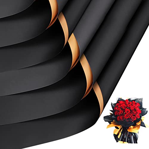 YEXEXINM 40pcs Double Sided Gold Black Flower Wrapping Paper, 22.8X22.8 Inch Waterproof Floral Wrapping Paper Sheets Florist Bouquet Supplies Packaging Paper for Wedding Engagement DIY Crafts Gift - Image 1