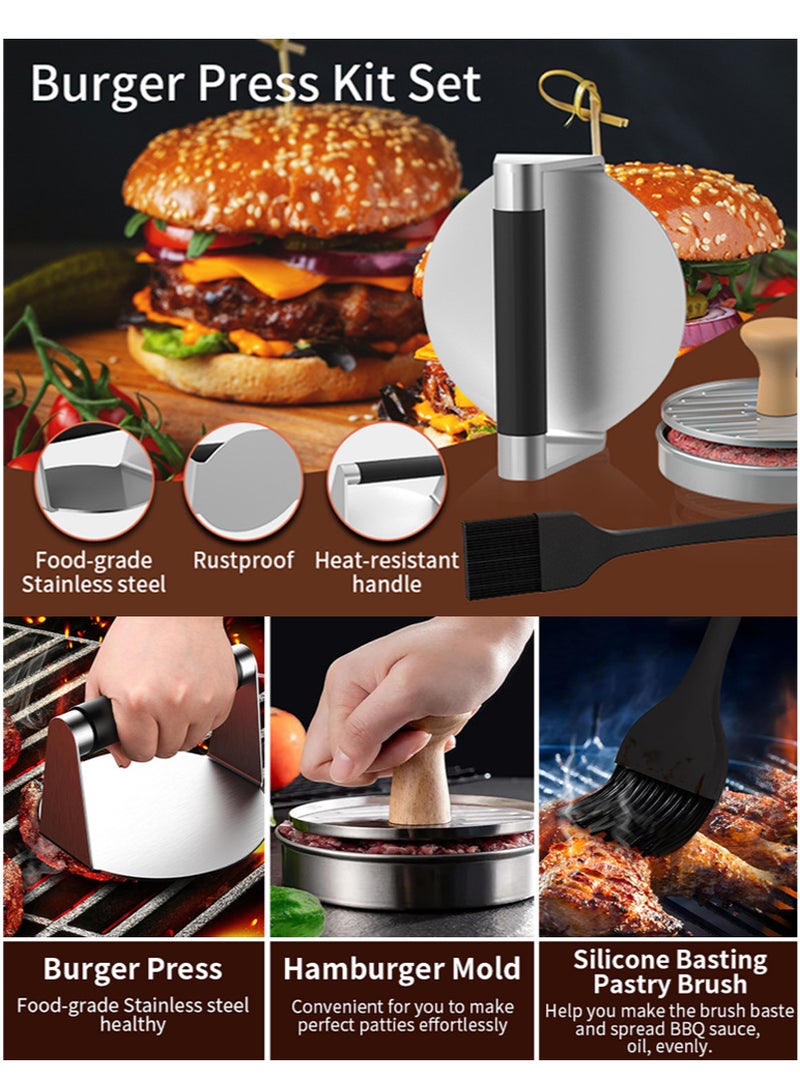 Bincoo 3PCS Meat Press Burger Press Kit, Round Hamburger Press, Stainless Steel Bacon Press and Hamburger Patty Maker, Non-Stick Burger Smasher/Hamburger Smasher Tool Set for Grill and Griddle Cooking- Silver - Image 2