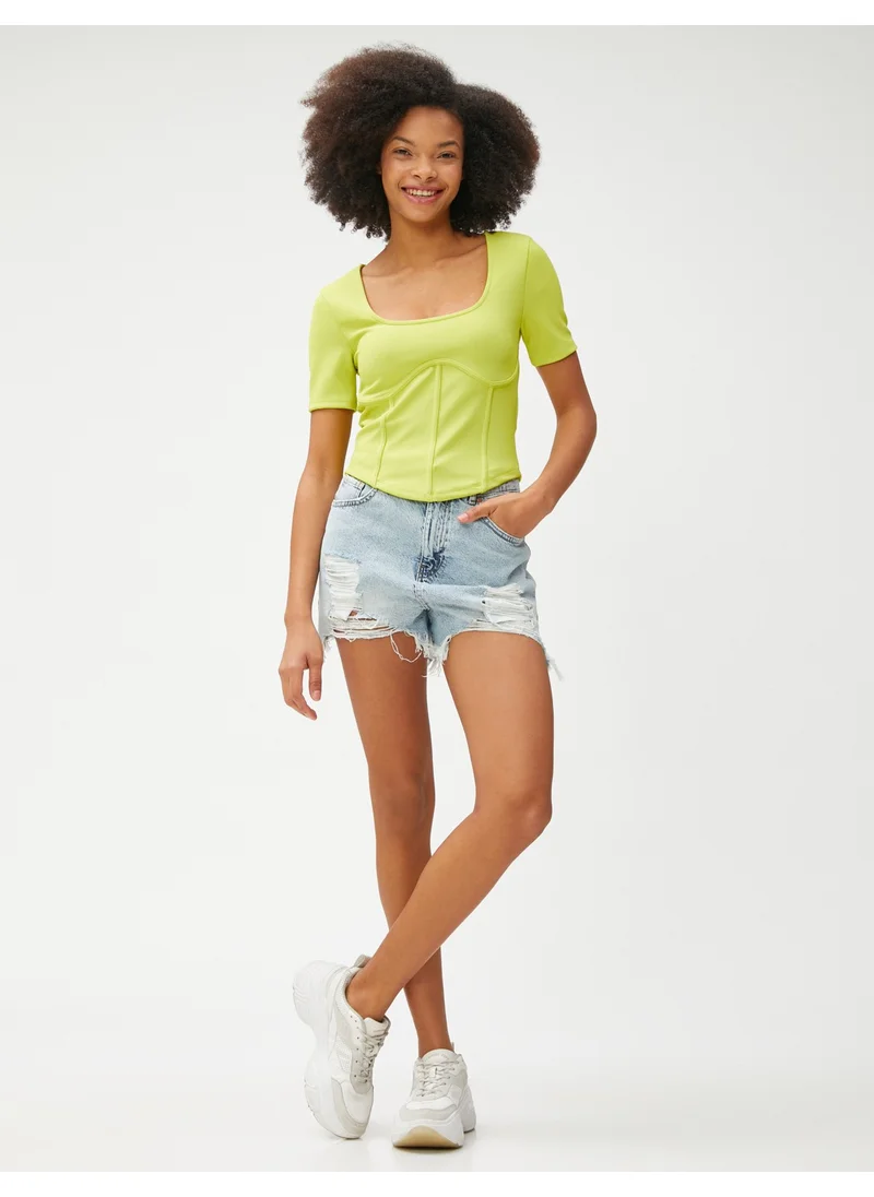 كوتون Crop T-Shirt Corset Look Short Sleeve Crew Neck