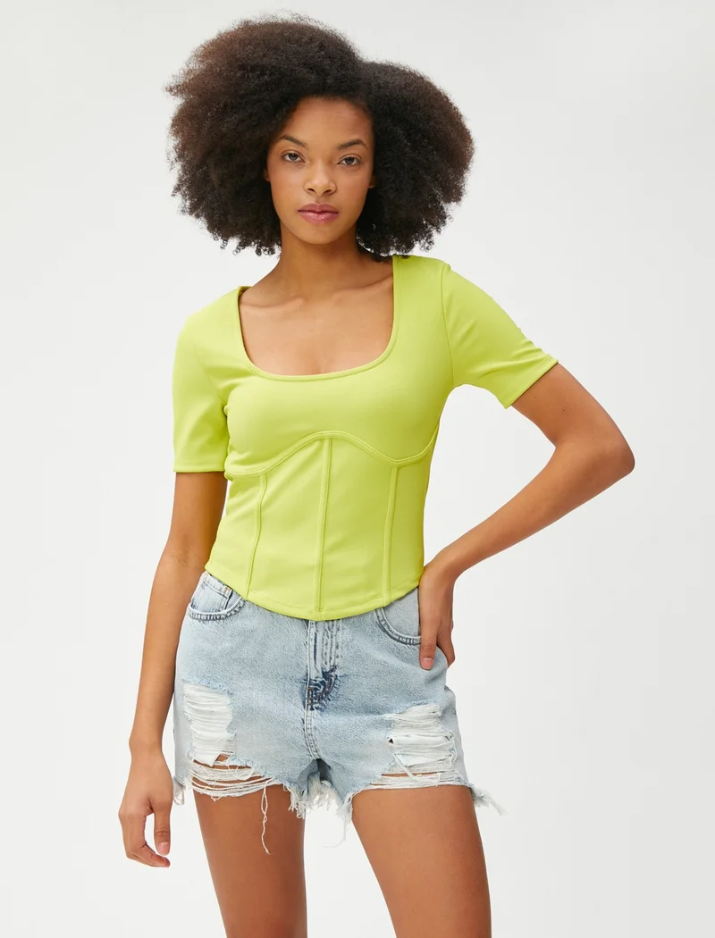 KOTON Crop T-Shirt Corset Look Short Sleeve Crew Neck