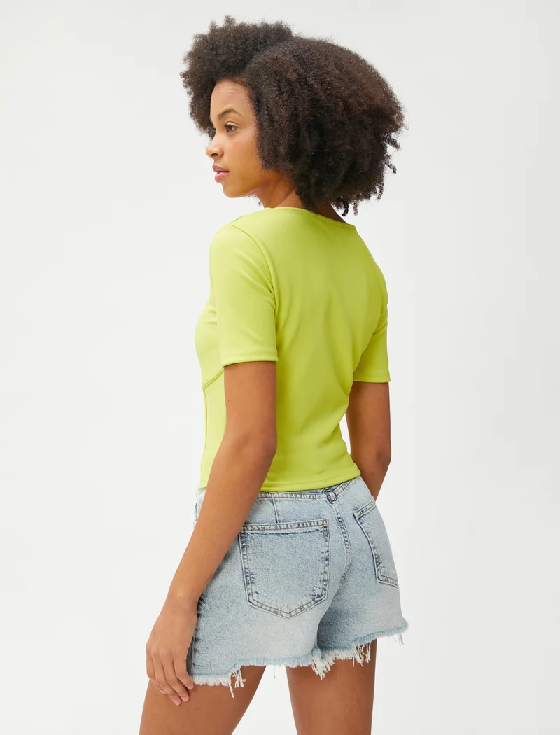 KOTON Crop T-Shirt Corset Look Short Sleeve Crew Neck