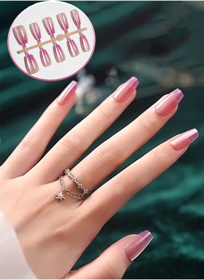 ElegaNail - 10-Pcs Gradient Purple Cat-Eye Press-on Nails | Medium Length Glossy Fake Nails with Applicator Tools | XS/S/M Sizes - Image 1