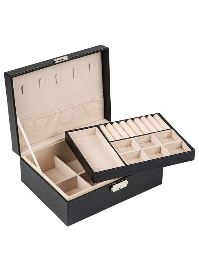 Two Layers Leather Jewellery Organiser Box with Key Lock  – Black - Image 3