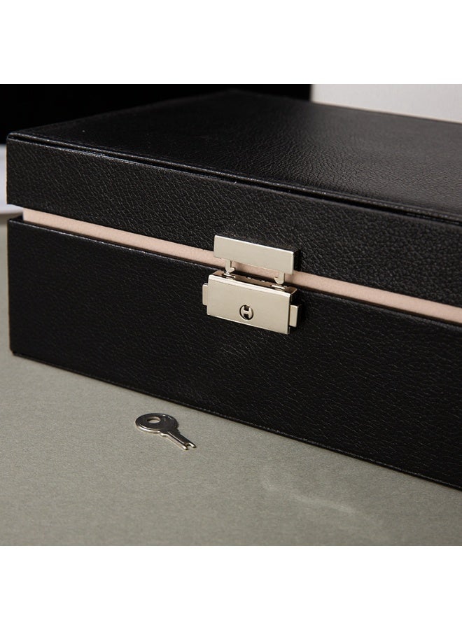 Two Layers Leather Jewellery Organiser Box with Key Lock  – Black - Image 2