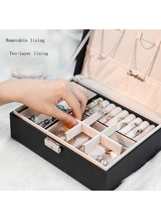 Two Layers Leather Jewellery Organiser Box with Key Lock  – Black - Image 5