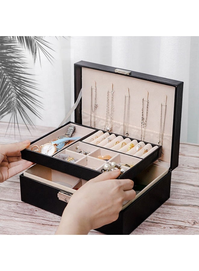 Two Layers Leather Jewellery Organiser Box with Key Lock  – Black - Image 4