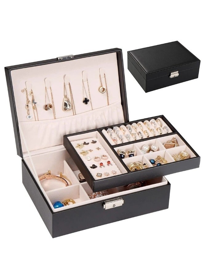 Two Layers Leather Jewellery Organiser Box with Key Lock  – Black - Image 1