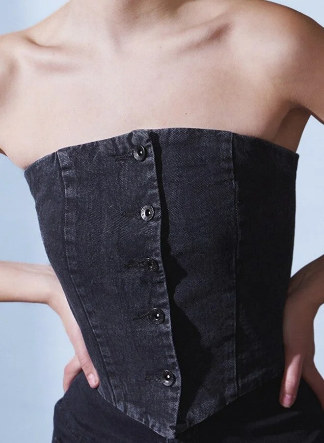 STREET 9 بلوزة جينز سوداء بدون حمالات للنساء