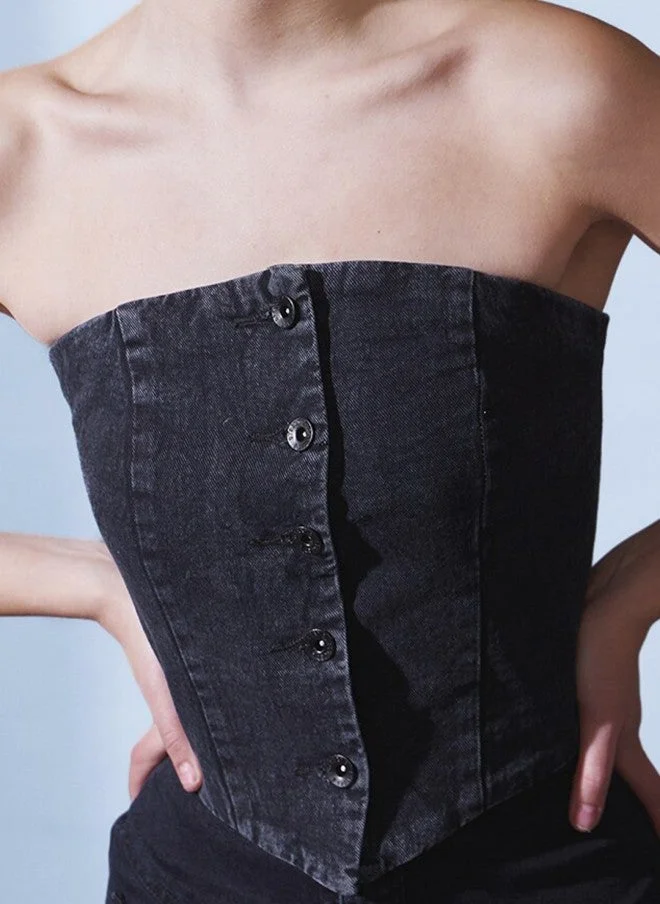 STREET 9 بلوزة جينز سوداء بدون حمالات للنساء