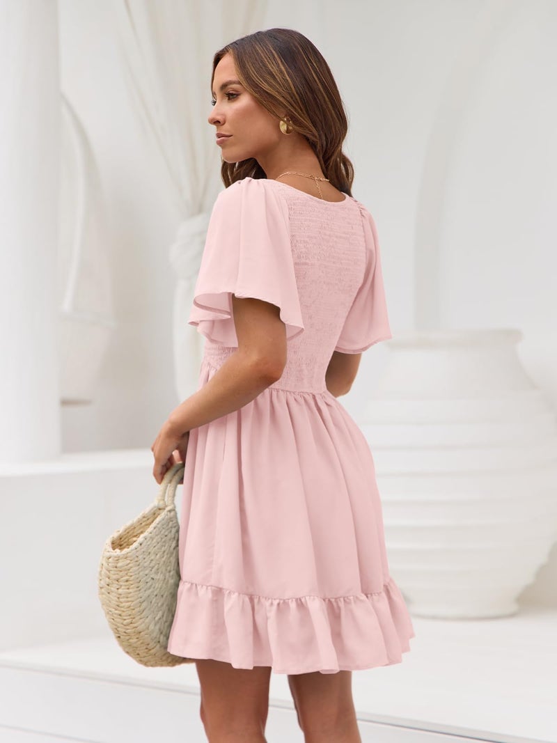 LILLUSORY Women's Flowy Casual Mini Dresses 2026 Summer Graduation Smocked V Neck Vacation Dress Dress with Pockets LightPink M - Image 5