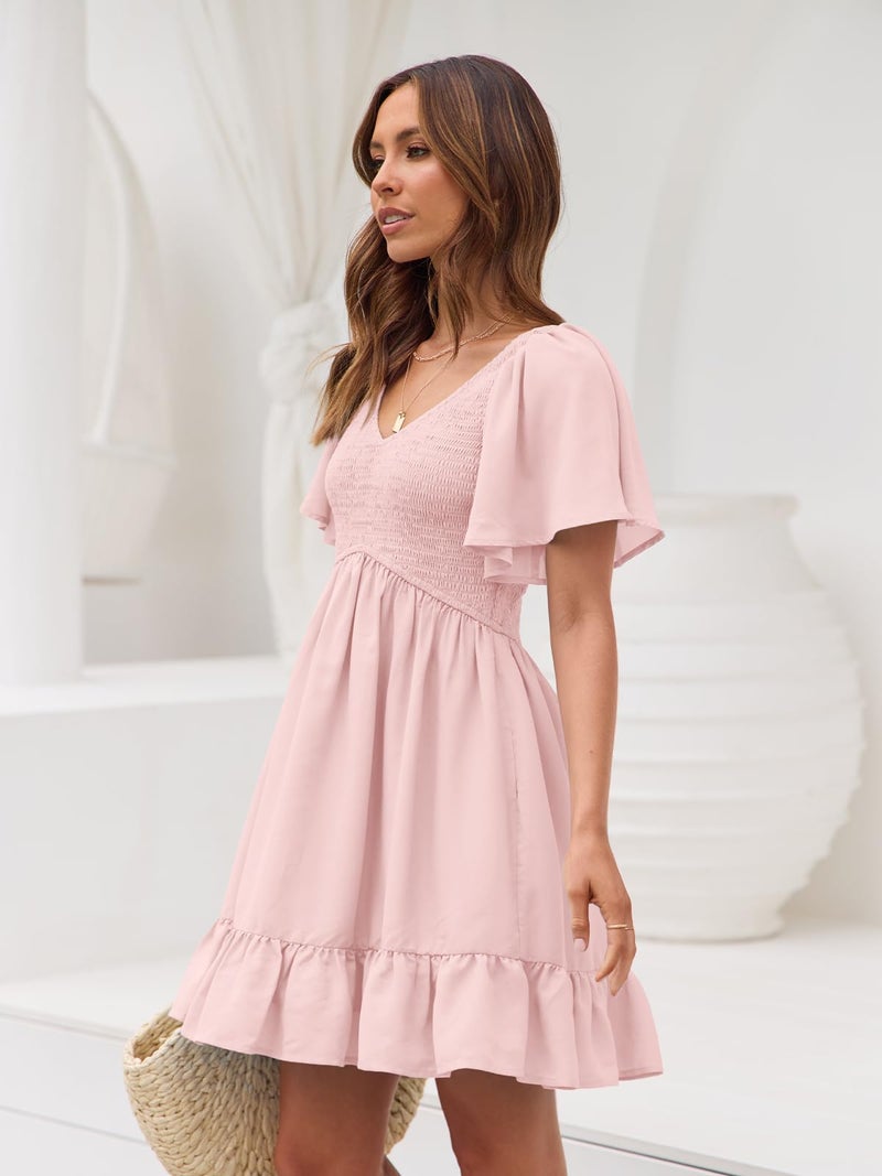 LILLUSORY Women's Flowy Casual Mini Dresses 2026 Summer Graduation Smocked V Neck Vacation Dress Dress with Pockets LightPink M - Image 4
