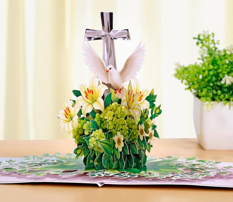 CUT POPUP.COM CUTPOPUP Religious Sympathy Card Pop Up 3D, with Caring Thoughts and Prayers, Blank Note Cards with Envelope (Lily with Cross) - Image 4