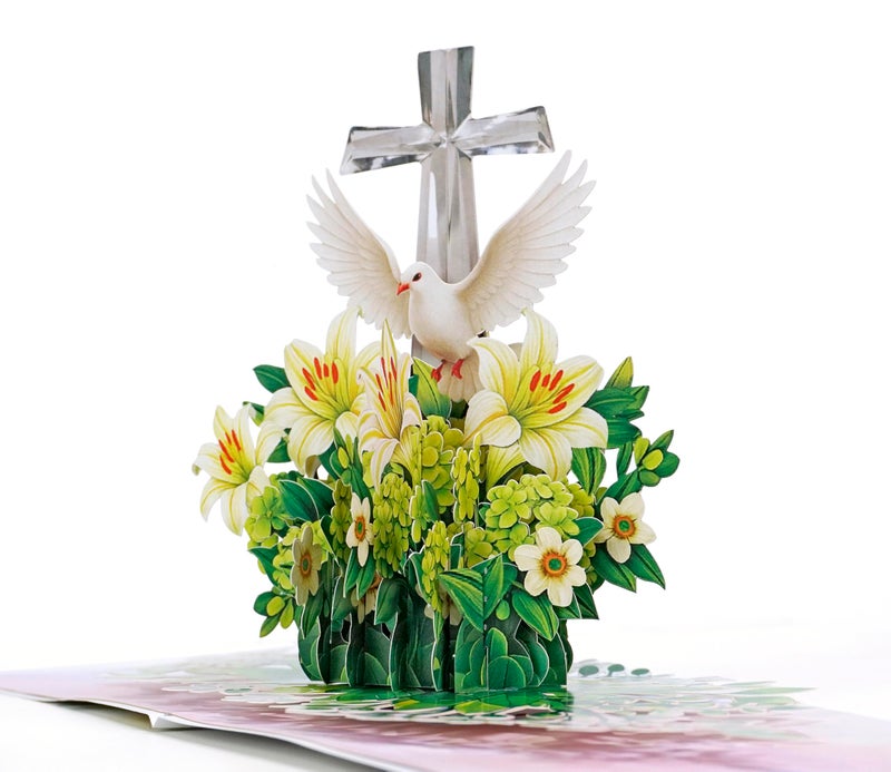 CUT POPUP.COM CUTPOPUP Religious Sympathy Card Pop Up 3D, with Caring Thoughts and Prayers, Blank Note Cards with Envelope (Lily with Cross) - Image 1
