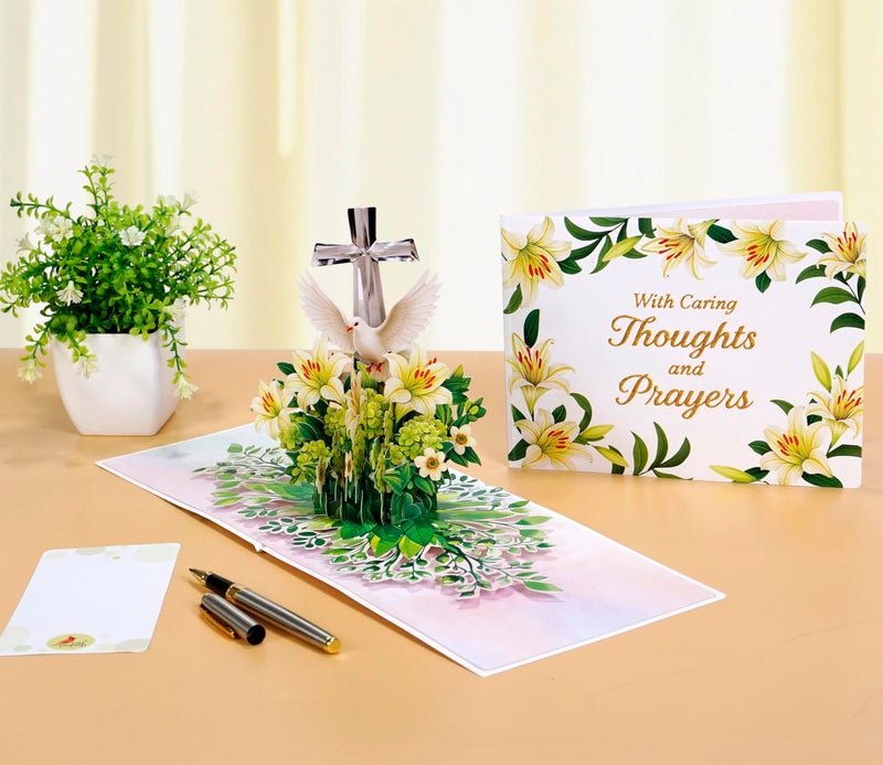 CUT POPUP.COM CUTPOPUP Religious Sympathy Card Pop Up 3D, with Caring Thoughts and Prayers, Blank Note Cards with Envelope (Lily with Cross) - Image 3