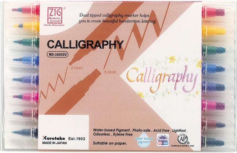 Zig MS34008V Memory System Calligraphy Markers - Multicolor Dual Tip 8-Pack - Image 1