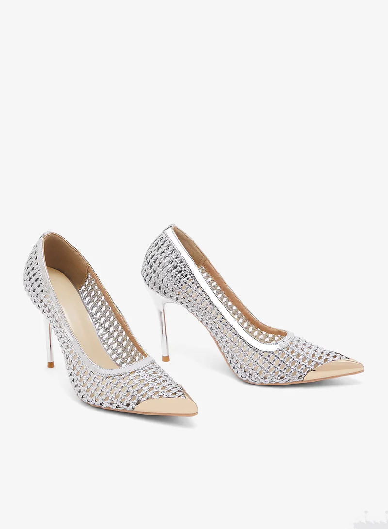 Ella Limited Edition Gold Net Metallic Pump Silver Stiletto High Heel With Gold Accent for Women | Best Price UAE