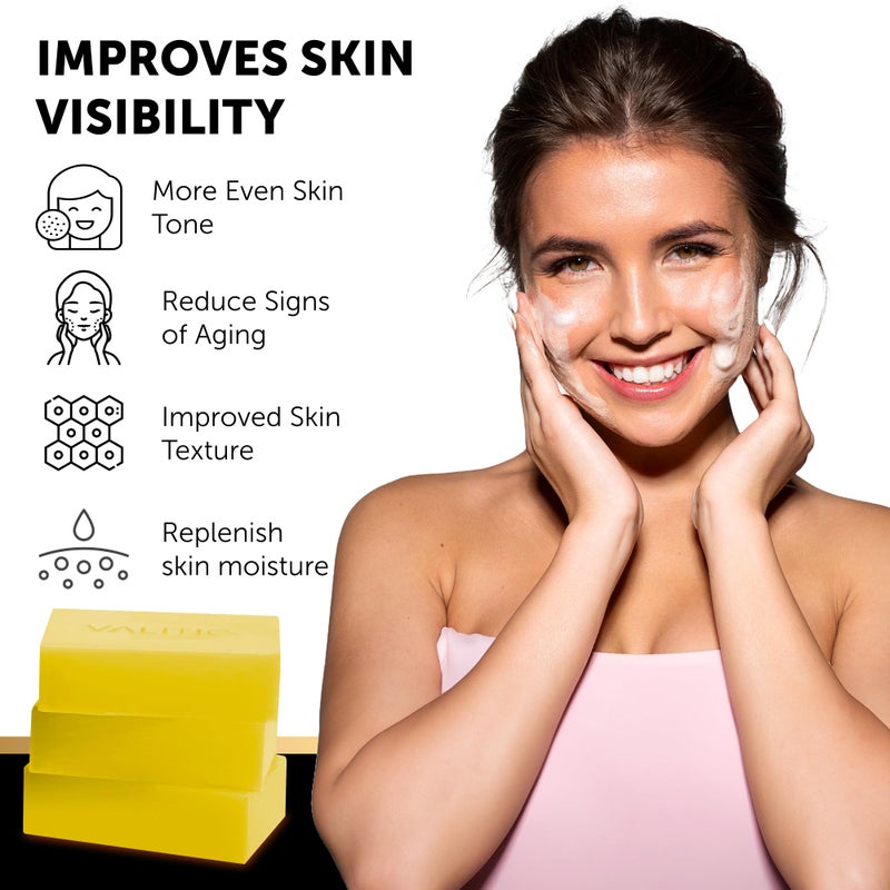 VALITIC Brightening Lemon & Turmeric Kojic Acid Soap, Vitamin C, Retinol - Original Japanese Complex with Hyaluronic Acid, Vitamin E, Shea Butter, Castile Olive Oil - 3 Pack Bundle with African Net - Image 2