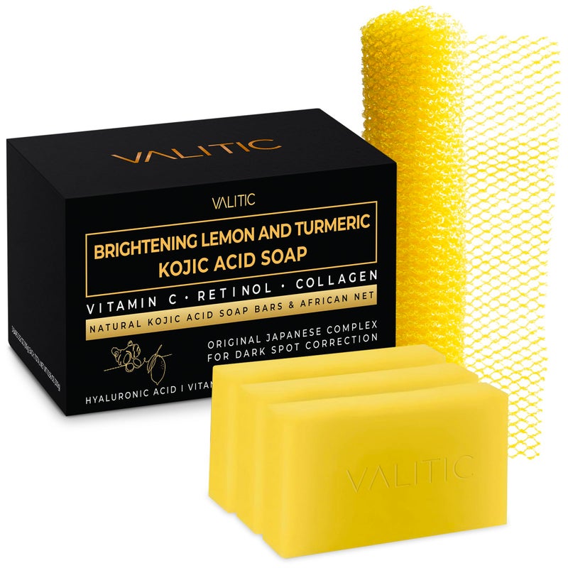 VALITIC Brightening Lemon & Turmeric Kojic Acid Soap, Vitamin C, Retinol - Original Japanese Complex with Hyaluronic Acid, Vitamin E, Shea Butter, Castile Olive Oil - 3 Pack Bundle with African Net - Image 1