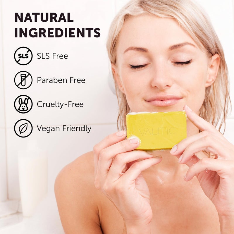 VALITIC Brightening Lemon & Turmeric Kojic Acid Soap, Vitamin C, Retinol - Original Japanese Complex with Hyaluronic Acid, Vitamin E, Shea Butter, Castile Olive Oil - 3 Pack Bundle with African Net - Image 4