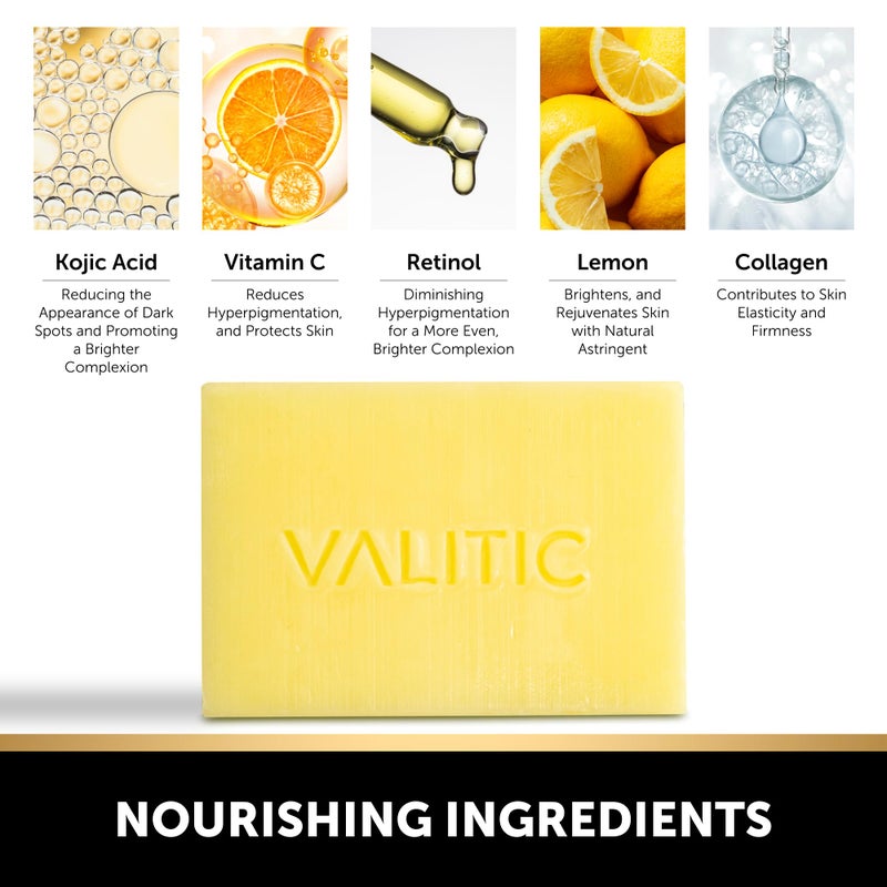 VALITIC Brightening Lemon & Turmeric Kojic Acid Soap, Vitamin C, Retinol - Original Japanese Complex with Hyaluronic Acid, Vitamin E, Shea Butter, Castile Olive Oil - 3 Pack Bundle with African Net - Image 5