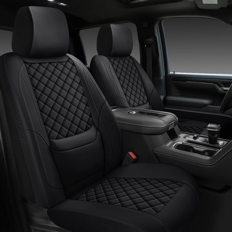 WENNFOUR Silverado Seat Covers 2007-2026 Full Set, Truck Interior Sets Custom Fit for Chevy Chevrolet Silverado GMC Sierra 1500/2500/3500HD Crew/Double/Extended Cab with Lumbar Support, Black - Image 1
