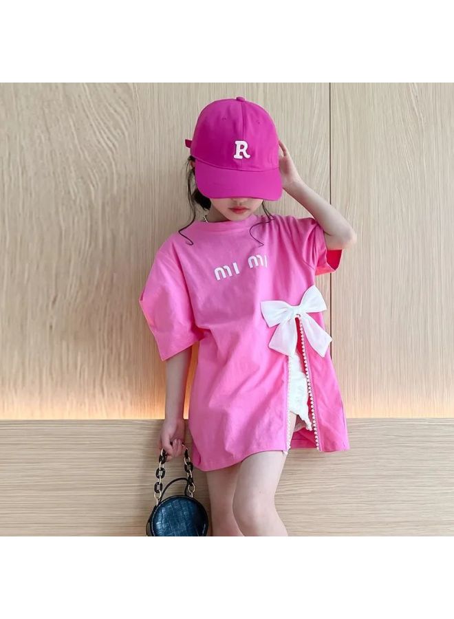 Girls' Summer T-shirt Short Sleeve New Mid-length Western Style Korean Style Split Girl Loose T-shirt Skirt Middle And Big Children's Top