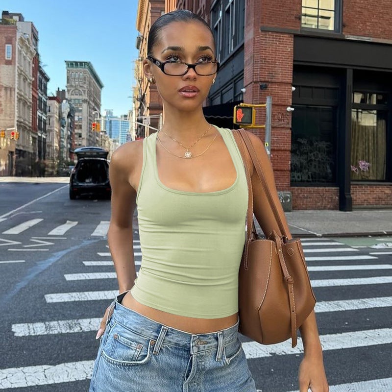 Ins Style Women'S Clothing Spring And Fashion Spice Girls Solid Color Sleeveless Square Collar Inner Base Small Vest Top - Image 3