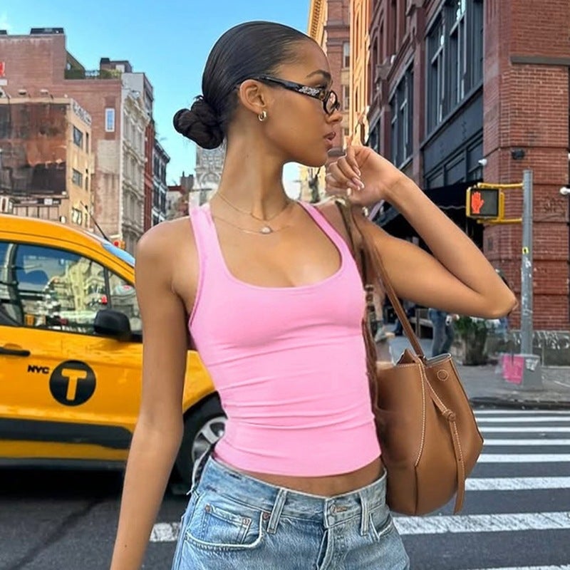 Ins Style Women'S Clothing Spring And Fashion Spice Girls Solid Color Sleeveless Square Collar Inner Base Small Vest Top - Image 1