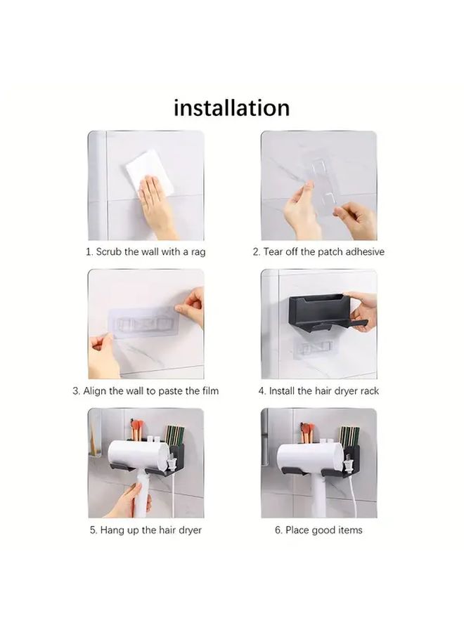 Wall Mounted Hair Dryer Holder With Storage Rack Black Hands Free Bathroom Organizer - Image 5
