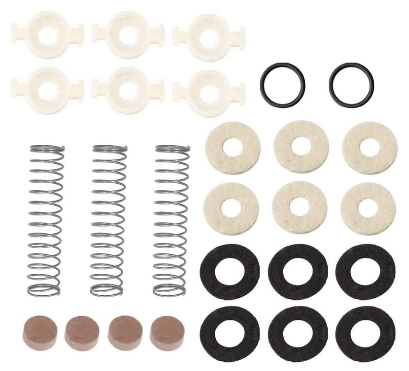 TUOREN Trumpet Repair kit include 6 Piston Valve Guides 12 Felt Washers 4 Water Key Spit Valve Cork Pad 3 Spring 2 O Ring Bumper Stopper Trumpet Valve Replacement Parts - Image 1