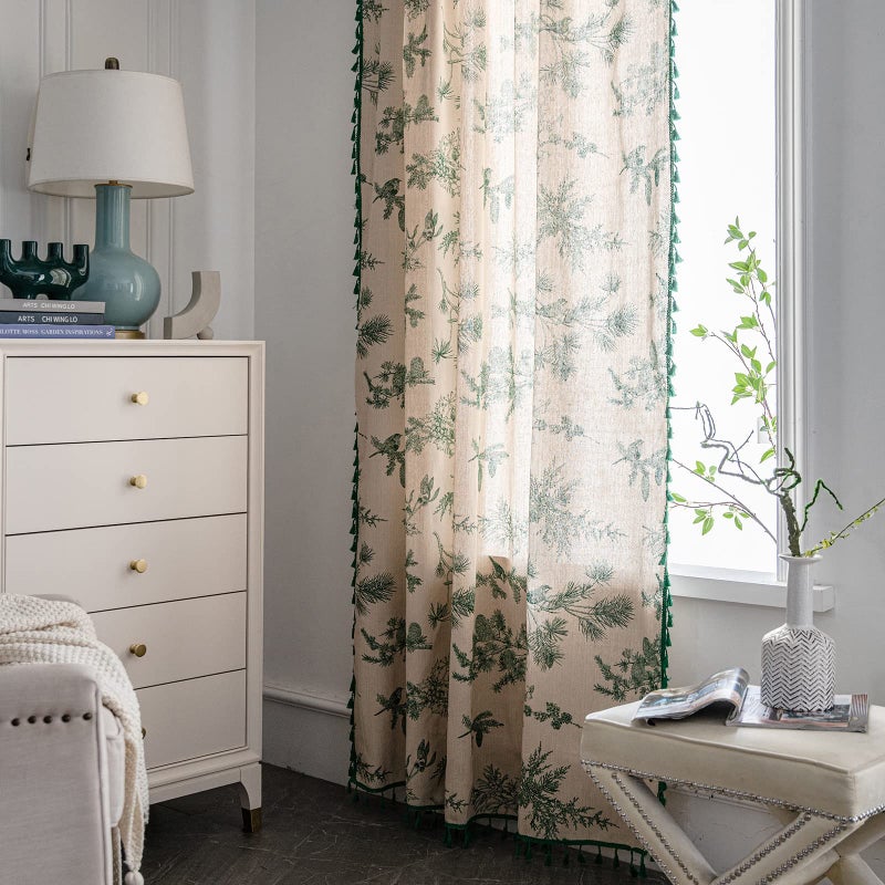 ENJOYBRIDAL Boho Curtains with Tassel Bohemian Green Semi-Blackout Drapes 84 Inch Length Cotton Linen Farmhouse Window Curtain Panels Floral Pattern Rod Pocket Curtain for Living Room Bedroom, 2 Panel - Image 5