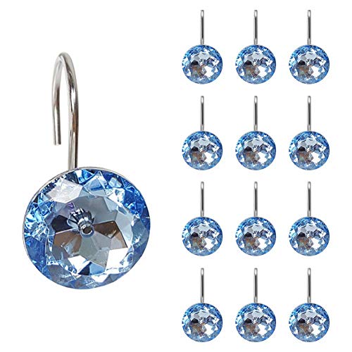 EleCharm 12 Pcs Bling Rhinestones Shower Curtain Hooks Bathroom Rolling Hooks (Blue) - Image 1