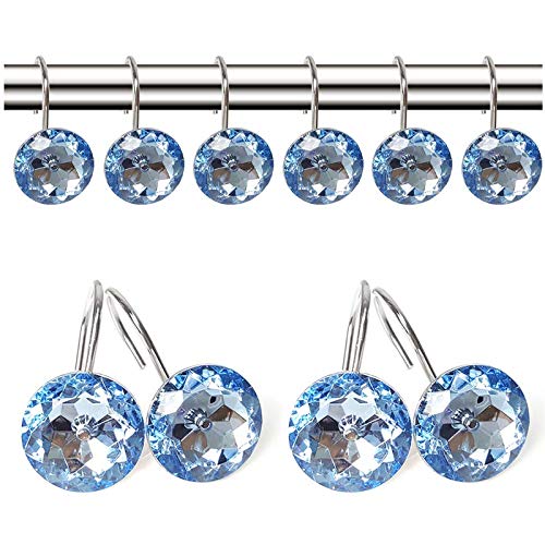 EleCharm 12 Pcs Bling Rhinestones Shower Curtain Hooks Bathroom Rolling Hooks (Blue) - Image 2