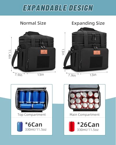 HSHRISH Xlarge Expandable Tactical Lunch Box for Adults, Durable Leakproof Insulated Lunch Cooler Bag for Men Work Office Outdoor Picnic Trips Camping, 36 Cans/22 L, Black - Image 2