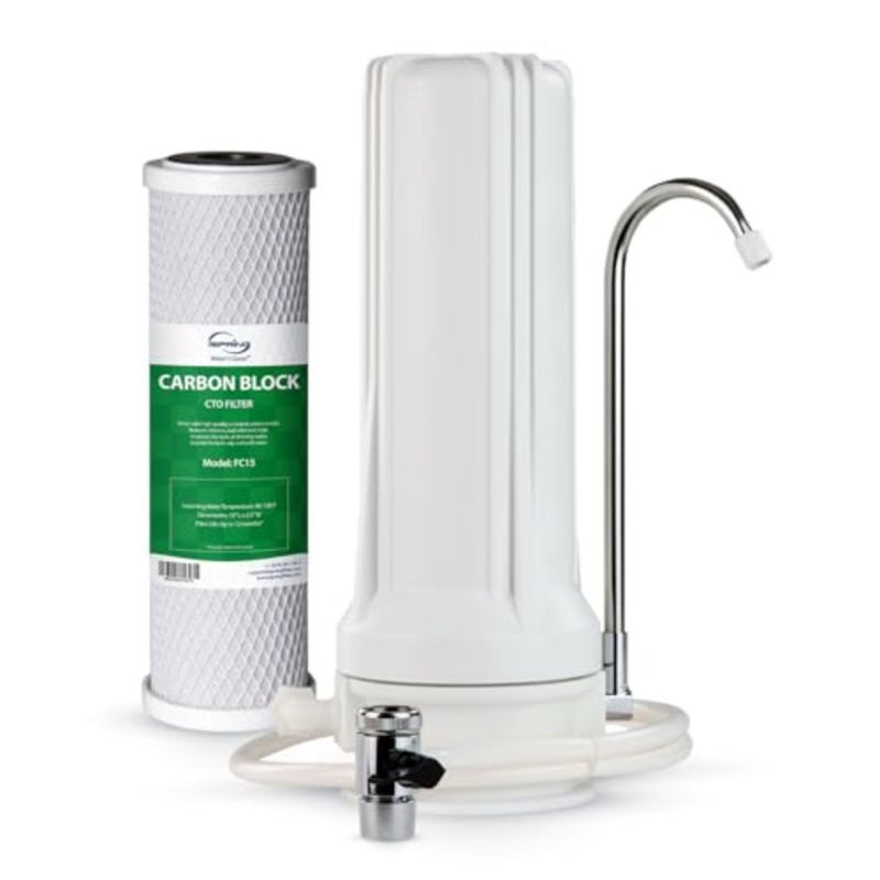 Countertop drinking water filtration system for kitchen sink use, carbon filter, red, NSF/ANSI certified, reduces sediment and odor, 2.5 x 10 - Image 1