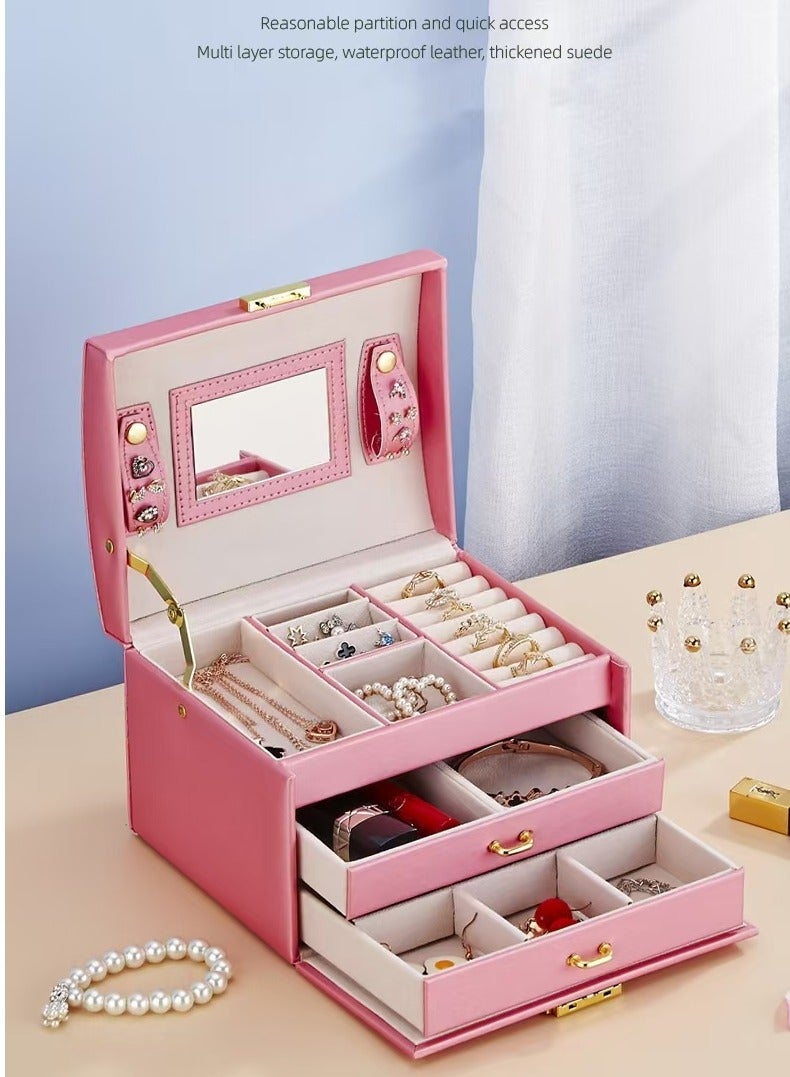 Jewellery Organiser MultiLayer PU Leather Portable Lockable Storage Box Case with Dividers Container for Rings, Earrings, Necklace Home Organizer - Peach Pink  - Image 1