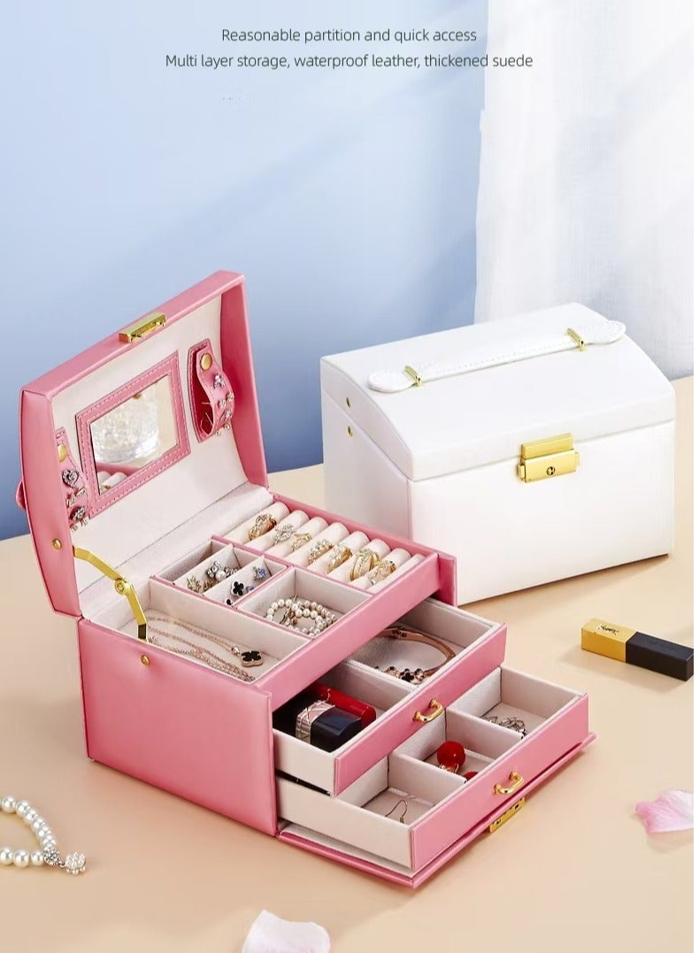 Jewellery Organiser MultiLayer PU Leather Portable Lockable Storage Box Case with Dividers Container for Rings, Earrings, Necklace Home Organizer - Peach Pink  - Image 2