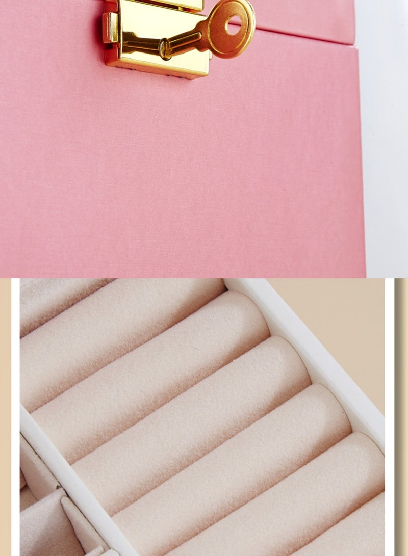 Jewellery Organiser MultiLayer PU Leather Portable Lockable Storage Box Case with Dividers Container for Rings, Earrings, Necklace Home Organizer - Peach Pink  - Image 5