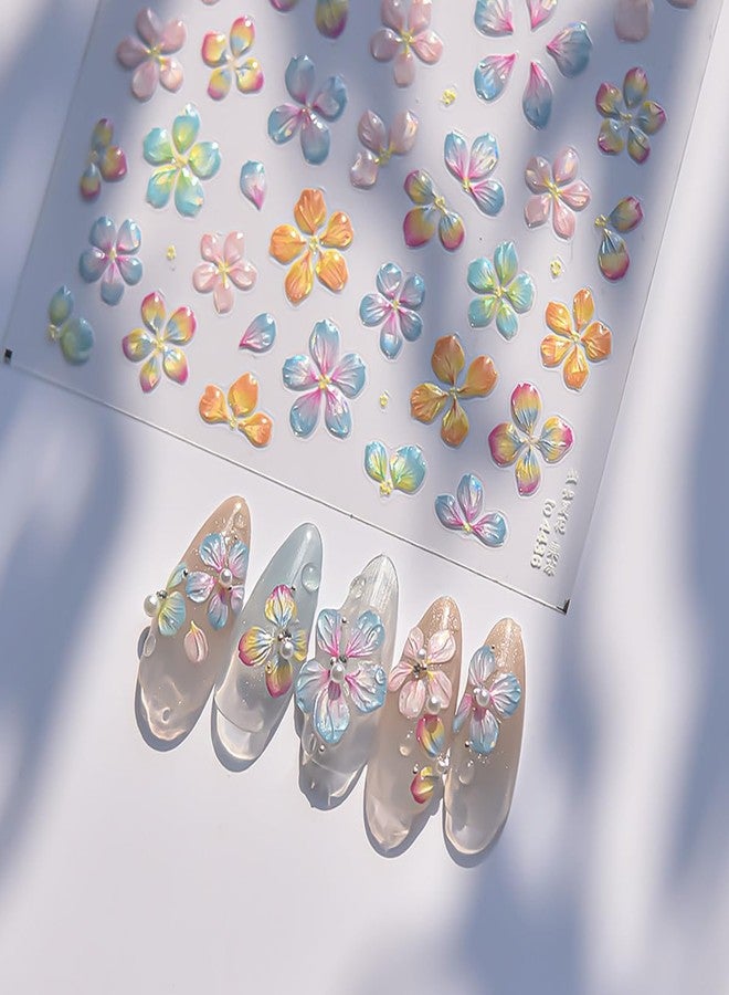 KRTBKR 5D Embossed Flower Nail Art Stickers Floral Summer Nail Decals Cute Pink Yellow Petals Nail Glitter Designs Sticker Spring Summer Nail Decals Nail Art Supplies for Women Acrylic Manicure Decor DIY - Image 2