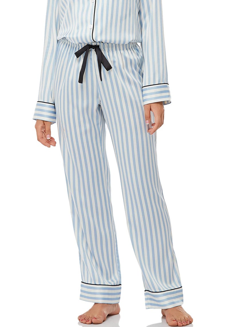 Serenedelicacy Women's Satin Pajama Set Long Sleeve Button Down Sleepwear 2-Piece Silky Pj Set (X-Small, Blue, Striped) - Image 5