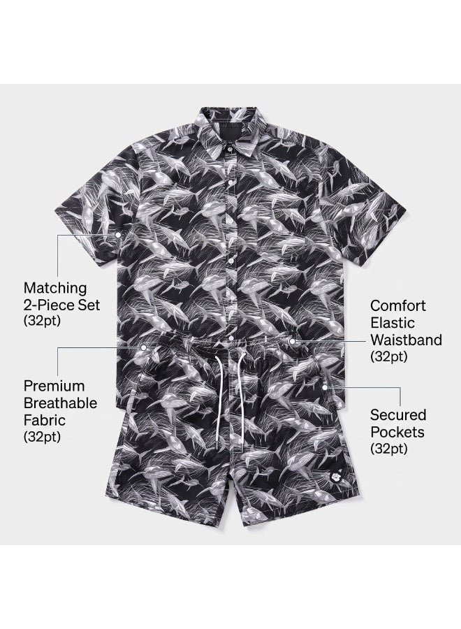 IceZone Men's 2 Piece Matching Set, Dark Shark Print Shirt and Shorts - Image 2