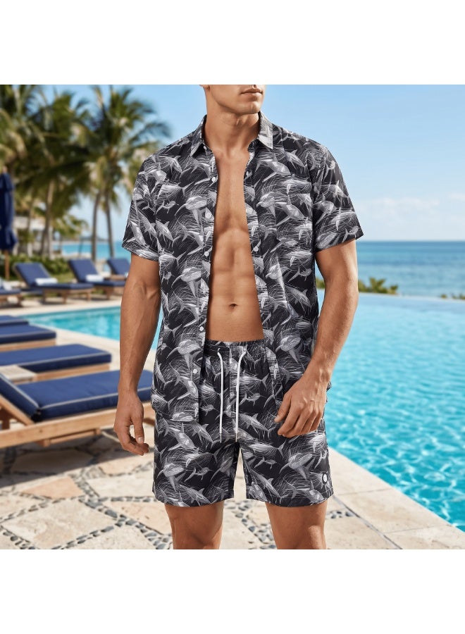 IceZone Men's 2 Piece Matching Set, Dark Shark Print Shirt and Shorts - Image 1