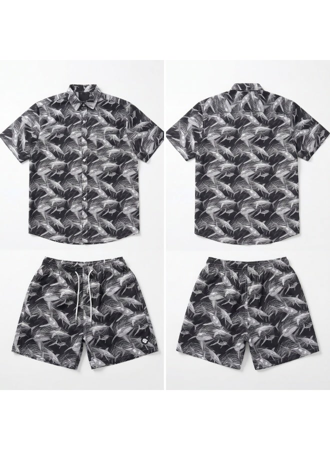 IceZone Men's 2 Piece Matching Set, Dark Shark Print Shirt and Shorts - Image 4